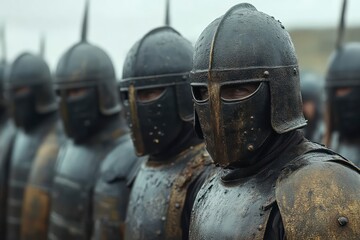 Medieval Warriors in Full Armor A Line of Knights Ready for Battle