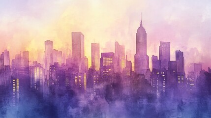 Fototapeta premium Watercolor cityscape at dusk with buildings dissolving into violet-gray gradients, glowing windows in soft yellow