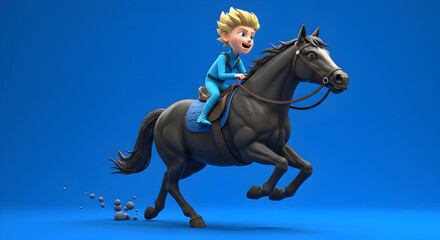 Boy riding black horse outdoors
