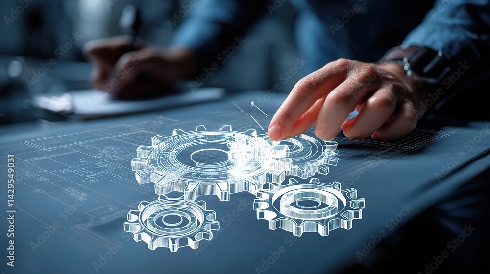 Poster detailed 3d blueprint render of engineer working on circuit design