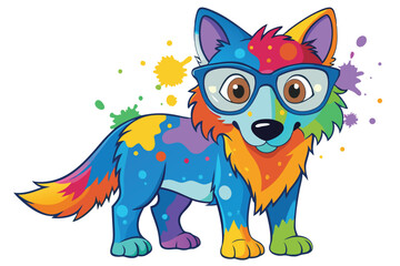 Colorful artistic wolf  in with eyeglasses  colorful paint splatters on white background