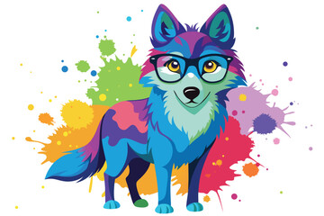 Colorful artistic wolf  in with eyeglasses  colorful paint splatters on white background