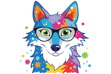 Colorful artistic wolf  in with eyeglasses  colorful paint splatters on white background