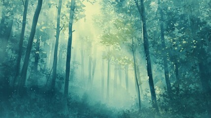 Misty watercolor forest scene with blue-green tones blending seamlessly, sunlight filtering through in soft yellow washes
