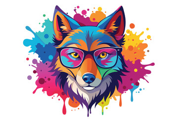 Colorful artistic wolf  in with eyeglasses  colorful paint splatters on white background
