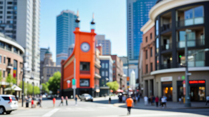 Obraz premium Blurry cityscape with modern buildings, orange clock tower, and people walking in bright daylight.