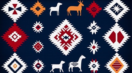 Colorful pattern, animal silhouettes, geometric shapes, textile design on dark background