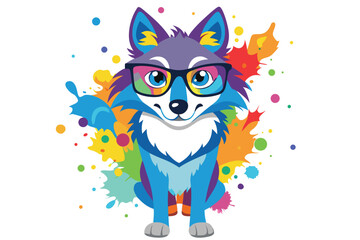 Colorful artistic wolf  in with eyeglasses  colorful paint splatters on white background
