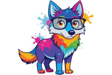 Colorful artistic wolf  in with eyeglasses  colorful paint splatters on white background