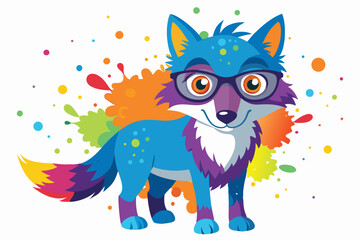 Colorful artistic wolf  in with eyeglasses  colorful paint splatters on white background