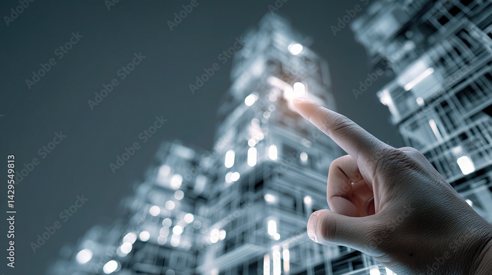 Poster hand pointing at virtual dashboard with futuristic design elements