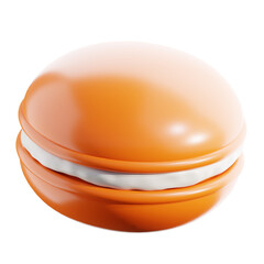 A 3D rendered orange macaron cookie in cute cartoon style. High-resolution PNG file with transparent background. Great for UI/UX design, kids’ games, food icons, or digital products.