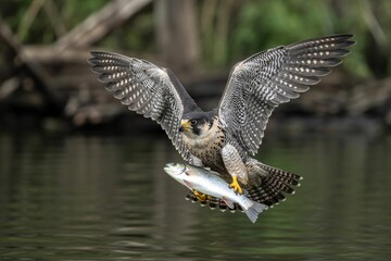 Peregrine Falcon in Flight Holding Prey Over Water