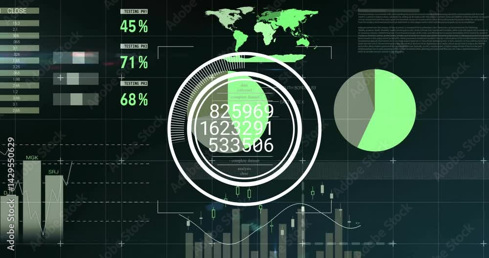Poster dark dashboard ui presenting world map grid, concentric data circles, numeric labels, pie chart