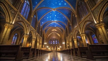 Fototapeta premium Interior view of a cathedral featuring ornate architecture, stained glass, and a starry ceiling created with generated ai