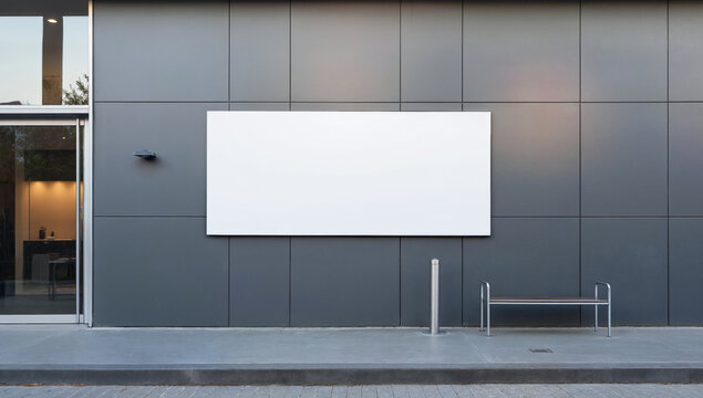 Isolated empty blank rectangular billboard on sleek urban wall, perfect for advertising, branding, or commercial design mockups.