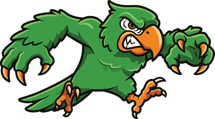 An illustration of a cartoon green parrot with an orange beak and claws running aggressively forward