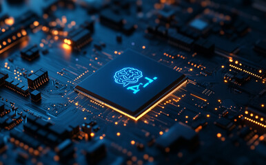 Fototapeta premium 3D rendering of a glowing on a chip with a brain icon and circuit board background