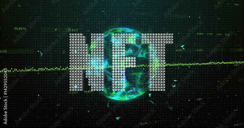 Poster ai letters glowing over wireframe globe, streaming code flowing across interface with neon waveform
