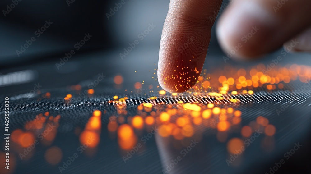 Poster touchscreen interaction with glowing data points and finger gesture