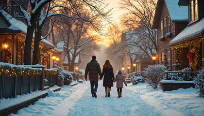 Family enjoying a winter stroll together in a snowy neighborhood  