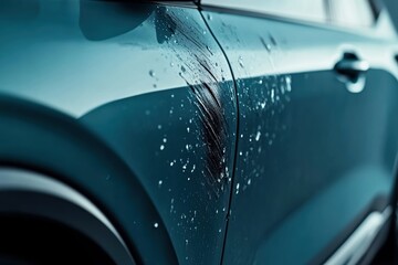 Obraz premium Close-up view of water droplets on car door with paint damage during rainy weather