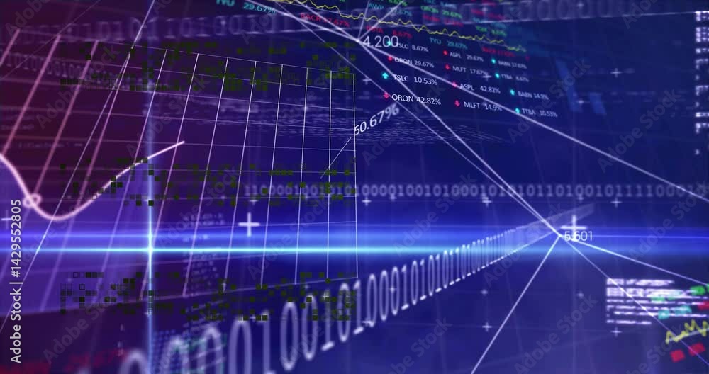 Poster futuristic 3d data interface showing flowing line graphs and binary streams crossing gridlines