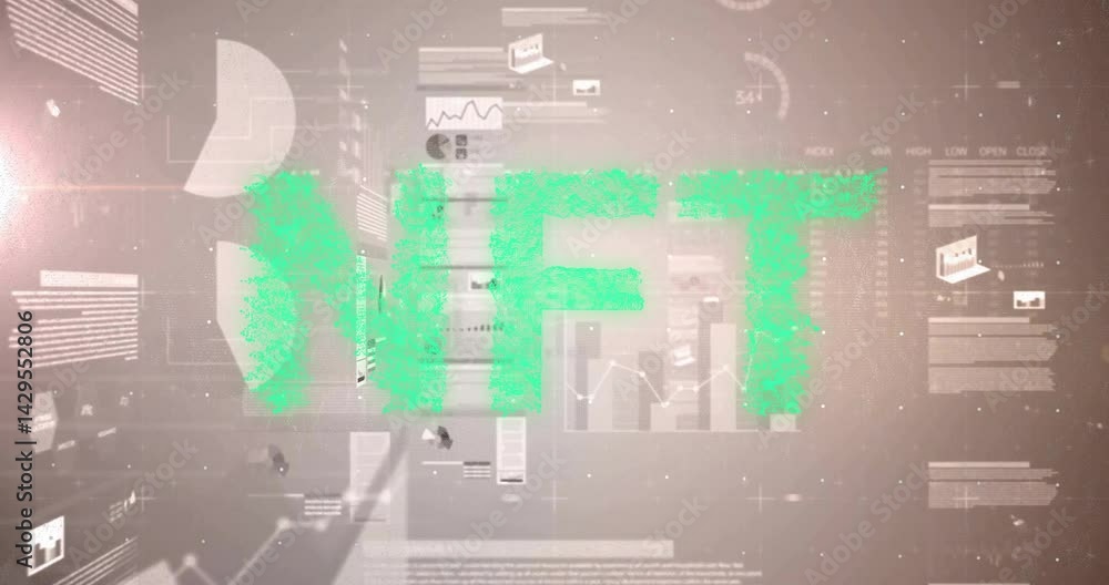 Aufkleber green dft particle-based letters floating over beige background, showing hovering charts and graphs