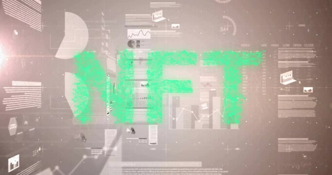 Green DFT particle-based letters floating over beige background, showing hovering charts and graphs