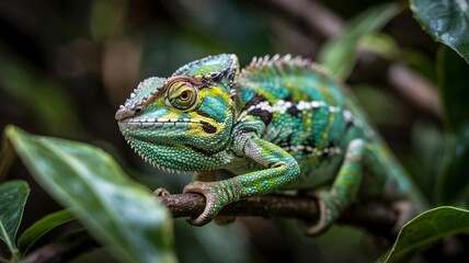 Vibrant Chameleon Perched on Branch with Intricate Textures