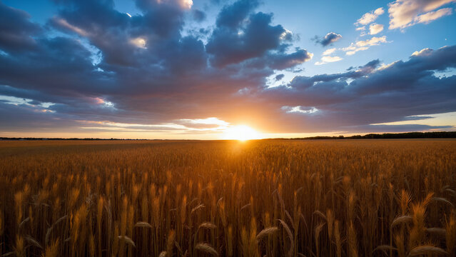 Ripe gold wheat fields natural landscape at late sunset with partly cloudy blur sky. Farm harvest season 