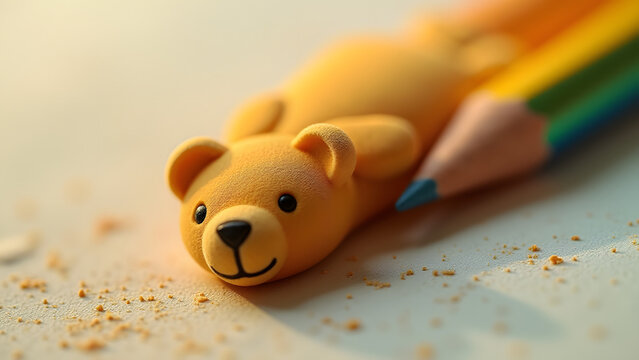 Macro view of a bear eraser distorting paper fibers. Sweat marks, graphite debris, and torn paper highlight intense use.