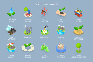 3D Isometric Flat Vector Illustration of Ecosystem Services , Labeled Educational Provisioning