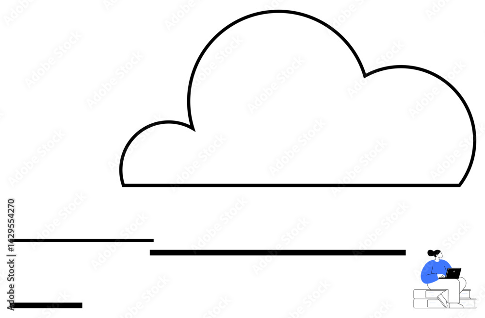 Poster large cloud outline above horizontal lines, representing data flow. person working on a laptop symbo