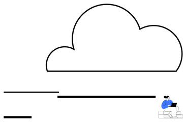 Large cloud outline above horizontal lines, representing data flow. Person working on a laptop symbolizes digital connectivity and remote work. Ideal for technology, innovation, cloud platform