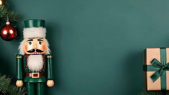 Nutcracker and Christmas Gift on Green Background with Green Ribbon and Holiday Decorations Highlighting Festive Elements for Seasonal Celebrations and Holiday Design Themes