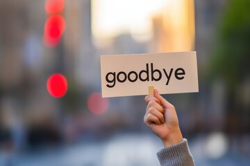 Hand holding goodbye sign with blurred city background during sunset