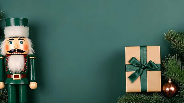 Nutcracker and Christmas Gift on Green Background with Green Ribbon and Holiday Decorations Highlighting Festive Elements for Seasonal Celebrations and Holiday Design Themes