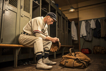 Vintage style portrait of a 1940s baseball player tying his leather glove in a locker room