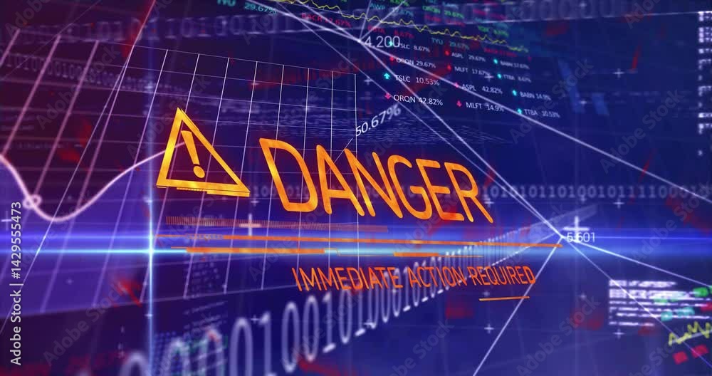 Poster danger text glowing near warning triangle pulsing over hologram grid with streaming arrows, code