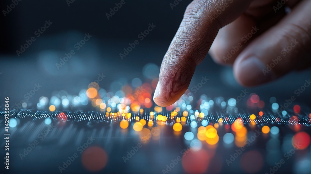 Poster hand touching glowing data points on a touchscreen display