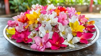 Obraz premium Colorful Flowers in Metal Tray, Floral Arrangement, Tropical Blooms