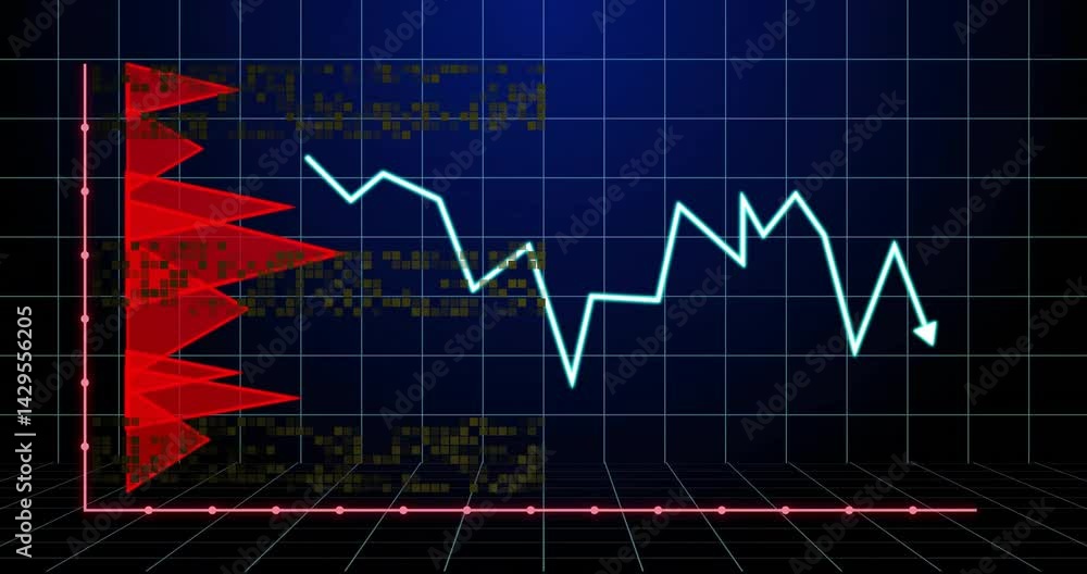 Poster data visualization showing red triangular bars and cyan zigzag graph moving on blue grid floor