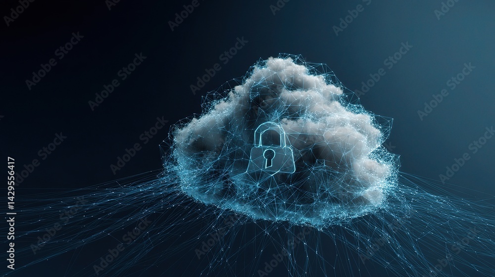 Poster digital cloud interface with floating padlock representation