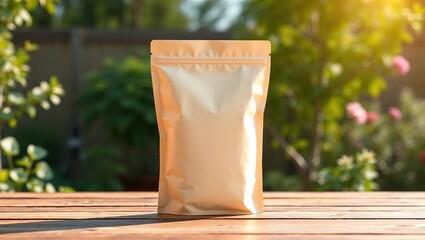 neutral colored standing pouch stands on outdoor wooden table,
