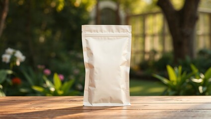neutral colored standing pouch stands on outdoor wooden table,wood,packaging,blank