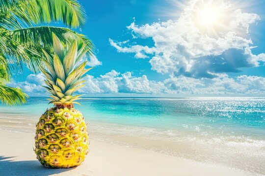 Tropical pineapple enjoys sunlit beach paradise with crystal clear water and palm trees