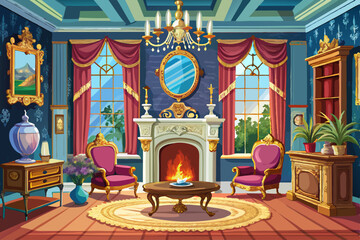vector of Beautiful Victorian living room with fireplace and luxurious decor
