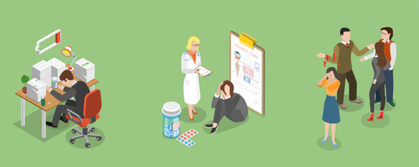 3D Isometric Flat Vector Illustration of Emergency Psychiatry, Psychological Problems
