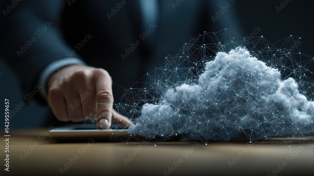 Poster holographic cloud interface displaying network connections in business